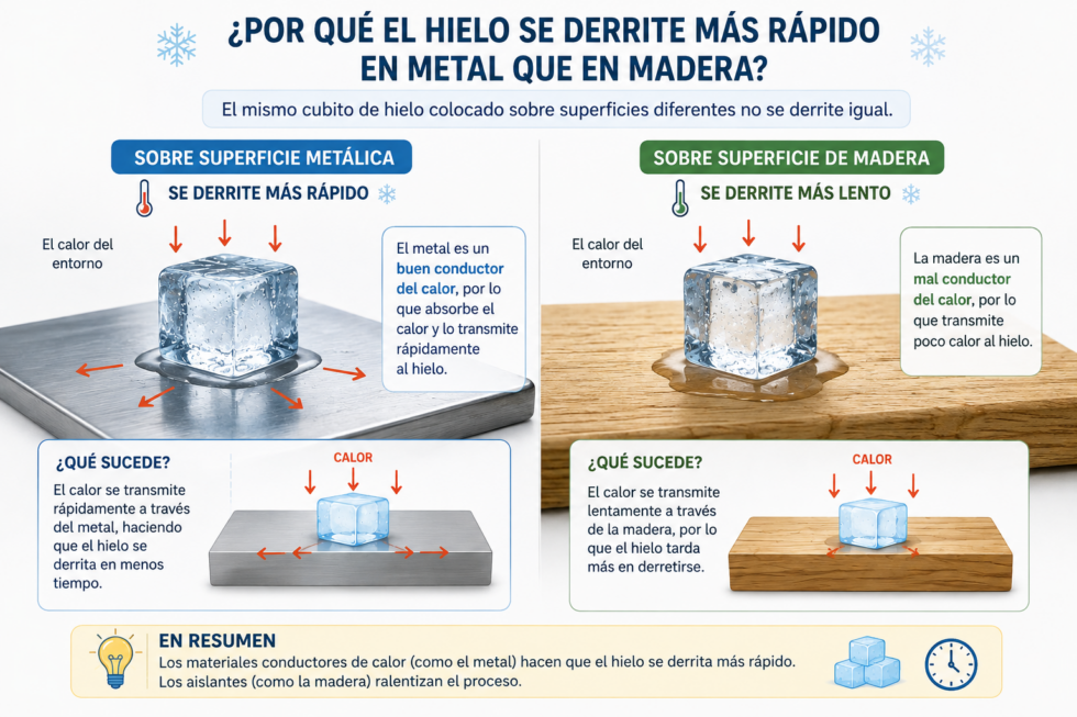 Infografía educativa compara un cubo de hielo sobre metal y madera: el metal conduce más calor y lo derrite rápido; la madera ralentiza el proceso.