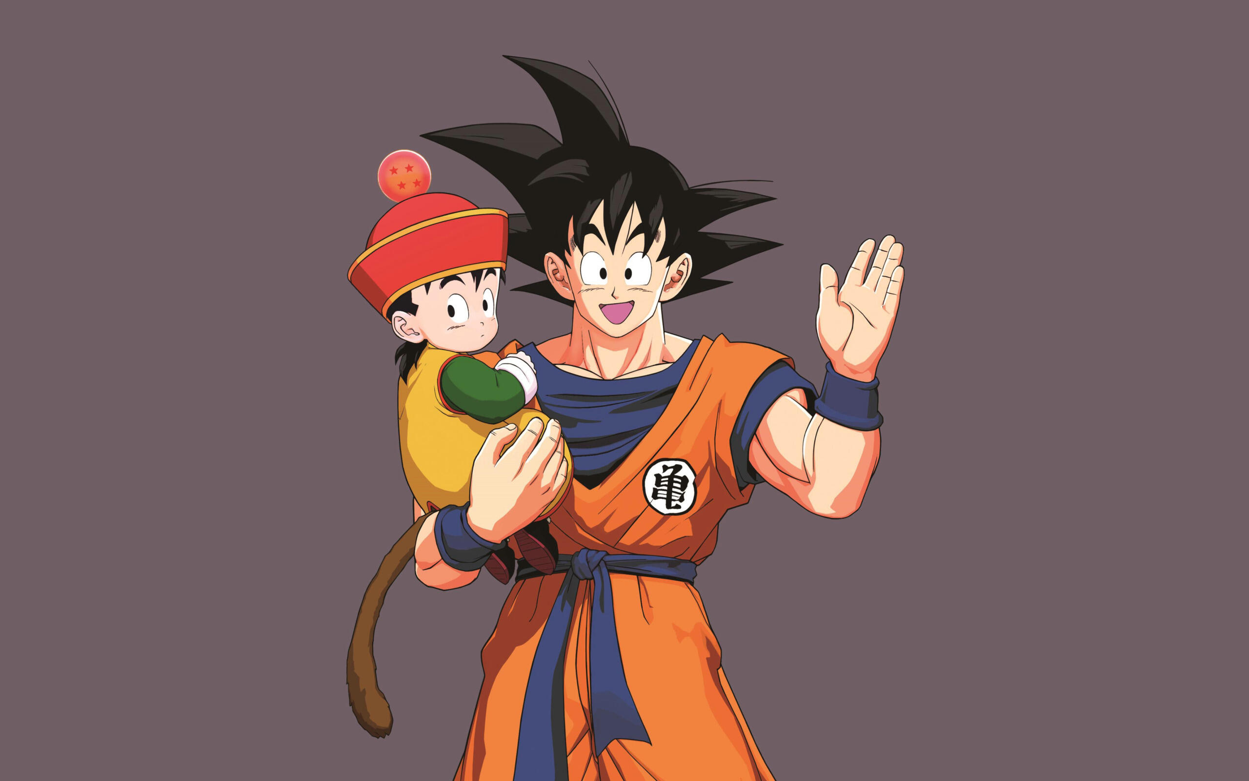 Goku, dressed in an orange martial arts outfit, smiles and waves while holding a small child dressed in formal attire with a hat.
